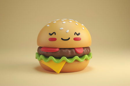 Adorable 3d render of a smiling burger character against a soft yellow background, perfect for kids and food themesの素材
