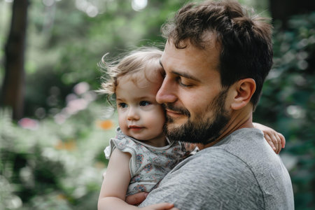 Loving father gently holds his little toddler, showing a heartfelt parentchild bond amidst natureの素材