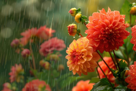 Beautiful closeup of dewy dahlia flowers with fresh raindrops, showing vibrant colorsの素材