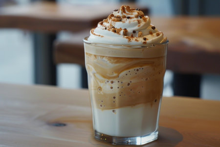 Delicious iced coffee with whipped cream and a sprinkle of cocoa in a modern cafe settingの素材