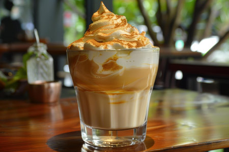 Delicious caramel frappe with whipped cream and drizzle, served in a transparent glassの素材