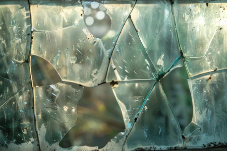 Closeup of a fractured glass pane with light flares filtering throughの素材