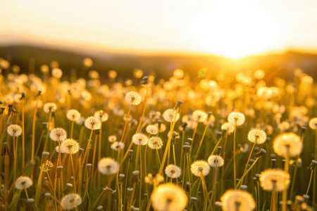 Tranquil and serene golden hour dandelion field at sunset in the warm. Soft light of nature. Creating a tranquil and peaceful landscape in the countryside. With wildflowers blooming and a dreamyの素材