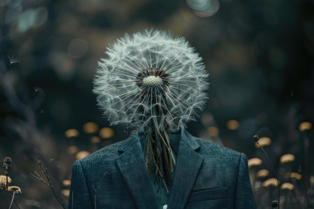 Thoughtprovoking and moody conceptual art portrait of a surreal dandelion head blending human and nature elements in an imaginative and abstract photo manipulation. Creating a darkの素材