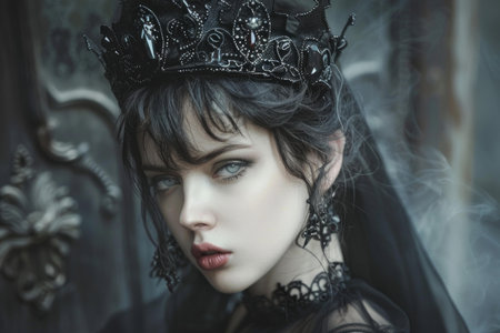 Captivating portrait of a gothic queen adorned with a delicate black crown and intricate earringsの素材