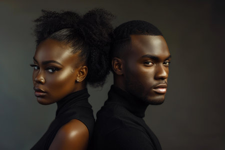 A stylized photo of a man and woman in black attire, exuding confidence and styleの素材