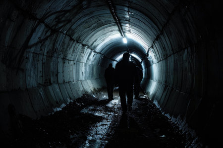 Mysterious silhouette walking towards the illumination at the end of a shadowy, grim tunnelの素材