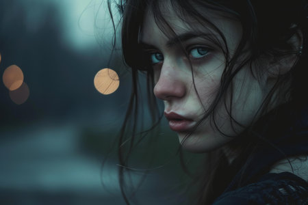 Closeup of a pensive young woman with windswept hair against a twilight backdropの素材