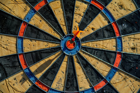 Closeup detailed view of bullseye on textured dartboard, showcasing precision and accuracy in darts game as a competitive sport and leisure activityの素材