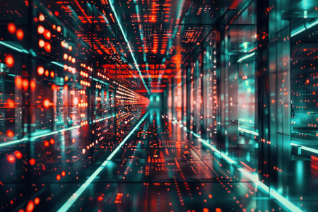 Abstract image depicting a corridor with illuminated red data servers representing highspeed digital data flowの素材