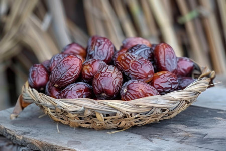 Ripe dates in a natural wicker basket, with a blurred background of dried leavesの素材