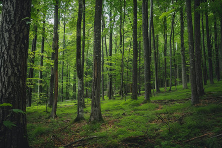 Serene forest scene with tall trees and vibrant green moss covering the forest floorの素材