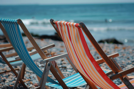 Two empty striped deck chairs on a pebble beach with a calm sea backgroundの素材