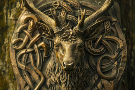 Carved wooden plaque depicting a detailed celtic stag with intricate patterns, symbolizing mysticismの素材