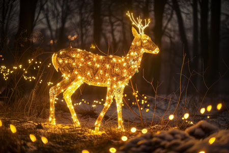 Artistic illuminated deer figure with fairy lights in a mystical evening woodland sceneの素材