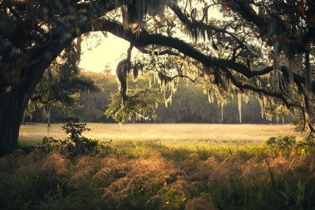 Golden hour light filters through spanish moss on ancient oak trees over a serene meadowの素材