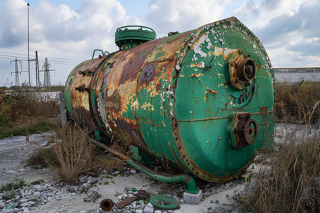 Dilapidated and rusty industrial tank lies discarded amidst overgrown vegetationの素材