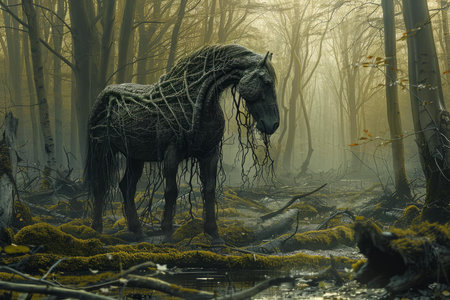 Enchanting scene of a horse entwined with vines in a foggy, mossy forestの素材