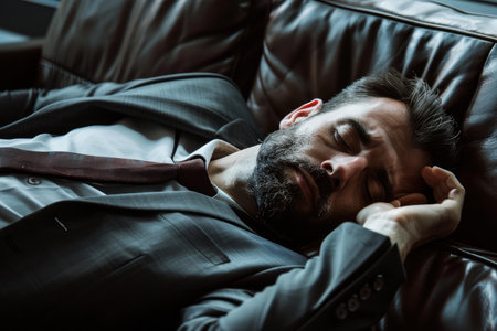 Overworked professional man napping in formal attire on a leather couch, showing workplace fatigueの素材