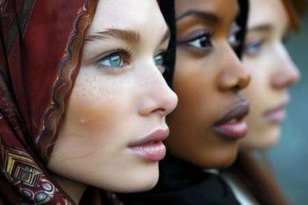 Closeup of three diverse women's faces in profile, symbolizing unity and beautyの素材