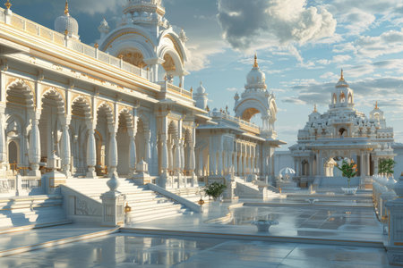 Breathtaking view of a white marble palace with intricate architecture glowing in the sunset warm lightの素材