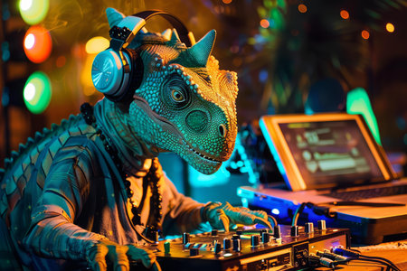 Vibrant illustration of a dinosaur masquerade dj in action amidst neon lightsの素材