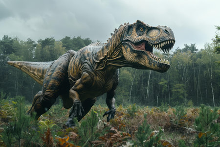 Realistic model of a trex dinosaur set against a misty forest backgroundの素材