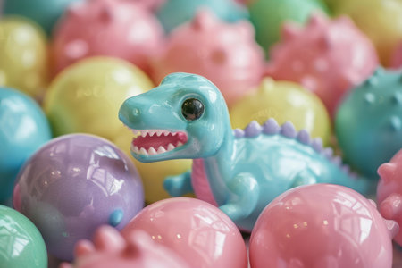 Cheerful dinosaur toy peeking out from a collection of pastelcolored easter eggsの素材