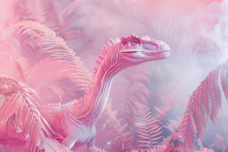 Digital illustration of a vibrant pink dinosaur among fogenshrouded fernsの素材