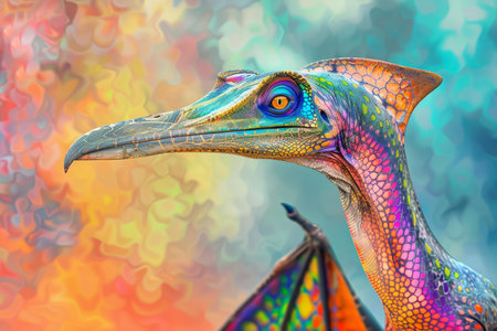 Vibrant digital illustration of a pterosaur with a multicolored texture against a psychedelic backdropの素材