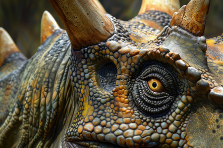 Highly detailed closeup image capturing the intricate textures of a dinosaur model's face and eyeの素材