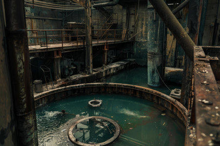 Eerie view of a desolate factory featuring a stagnant water pool, conveying decay and desolationの素材