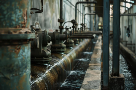 Atmospheric shot of corroded pipes and valves in a desolate industrial settingの素材