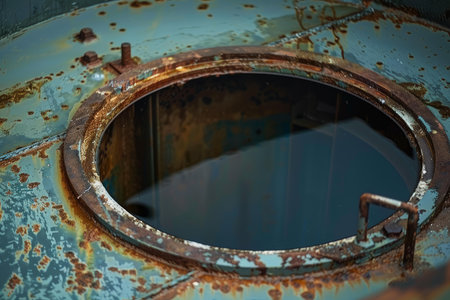 Closeup of a corroded metal hatch with peeling paint on an old shipの素材