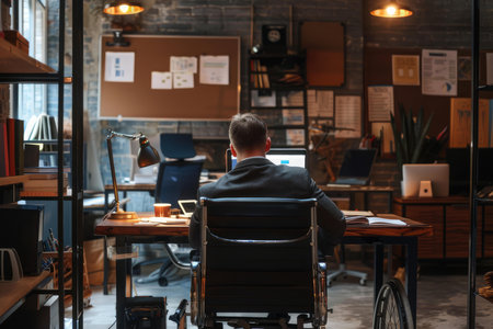 Man in a wheelchair working diligently at his desk in a modern office environmentの素材