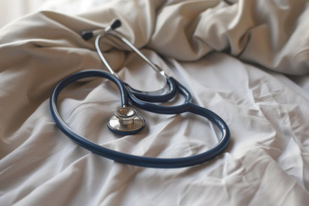 Medical stethoscope rests on rumpled white bed linen, conveying healthcare themesの素材