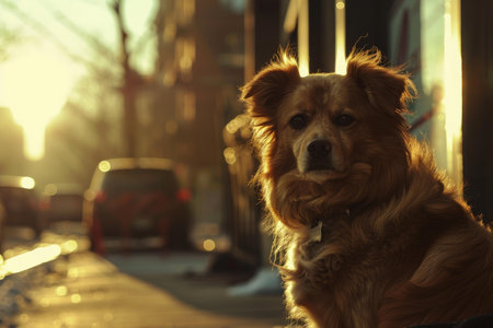 Serene dog basks in the golden sunlight on a city street at sunsetの素材