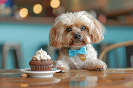 Cute fluffy dog with bow tie sitting by a tasty cupcake in a cozy cafe settingの素材