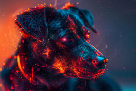 Advanced cybernetic canine vision, a futuristic digital artwork of a glowing neonlit dog with technological abstract portrait and hightech virtual reality pet conceptの素材