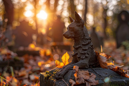 Dog statue rests amidst fallen leaves at sunset, evoking peace and remembrance in an autumn settingの素材