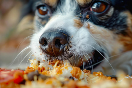 Extreme closeup shot of a dog's face savoring a delicious meal, detail on nose and eyesの素材
