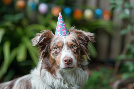 Cute brown and white dog with a colorful party hat on, ready to celebrateの素材