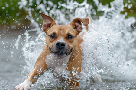 Playful dog with floppy ears frolics in the water, creating lively splashes aroundの素材