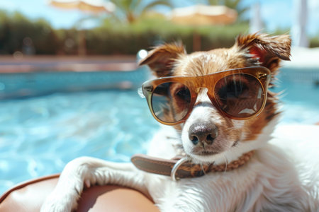 Stylish and trendy domestic dog wearing adorable sunglasses while relaxing poolside on a sunny summer day. Enjoying a leisurely time in the warm weather. Sunbathing and swimming in the cool waterの素材