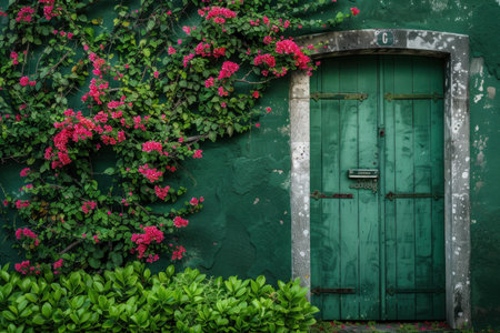 Charming green door surrounded by lush foliage and vibrant bougainvillea flowers on a textured wallの素材