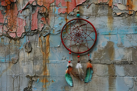 Vibrant dream catcher hangs against a textured wall with peeling paintの素材