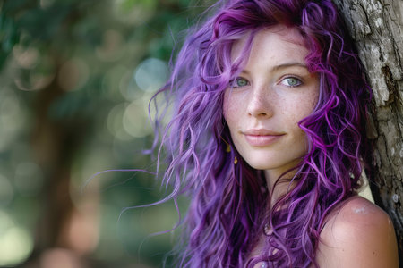 Charming young woman with vivid purple hair and freckles posing beside a treeの素材