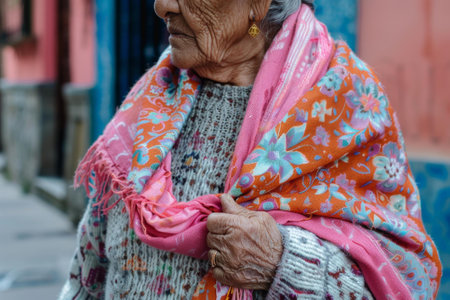 Closeup of a senior woman's hands clasping a vibrant, patterned shawlの素材