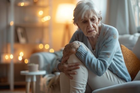 Elderly woman reflects quietly in her cozy living room, with warm lightingの素材