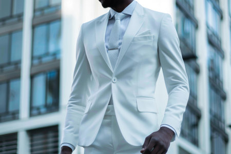Closeup of a stylish businessman in a sharp white suit with modern buildings in the backgroundの素材